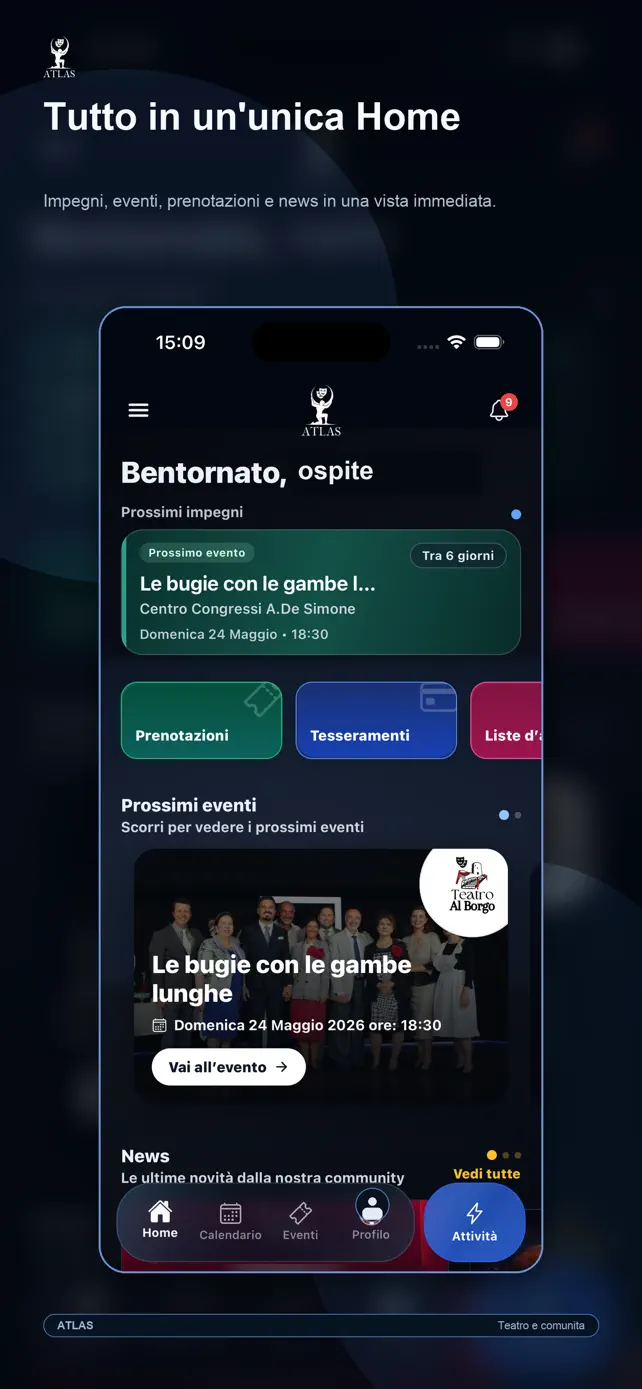 Anteprima della home di ATLAS APP con eventi, prenotazioni, tesseramenti e notizie