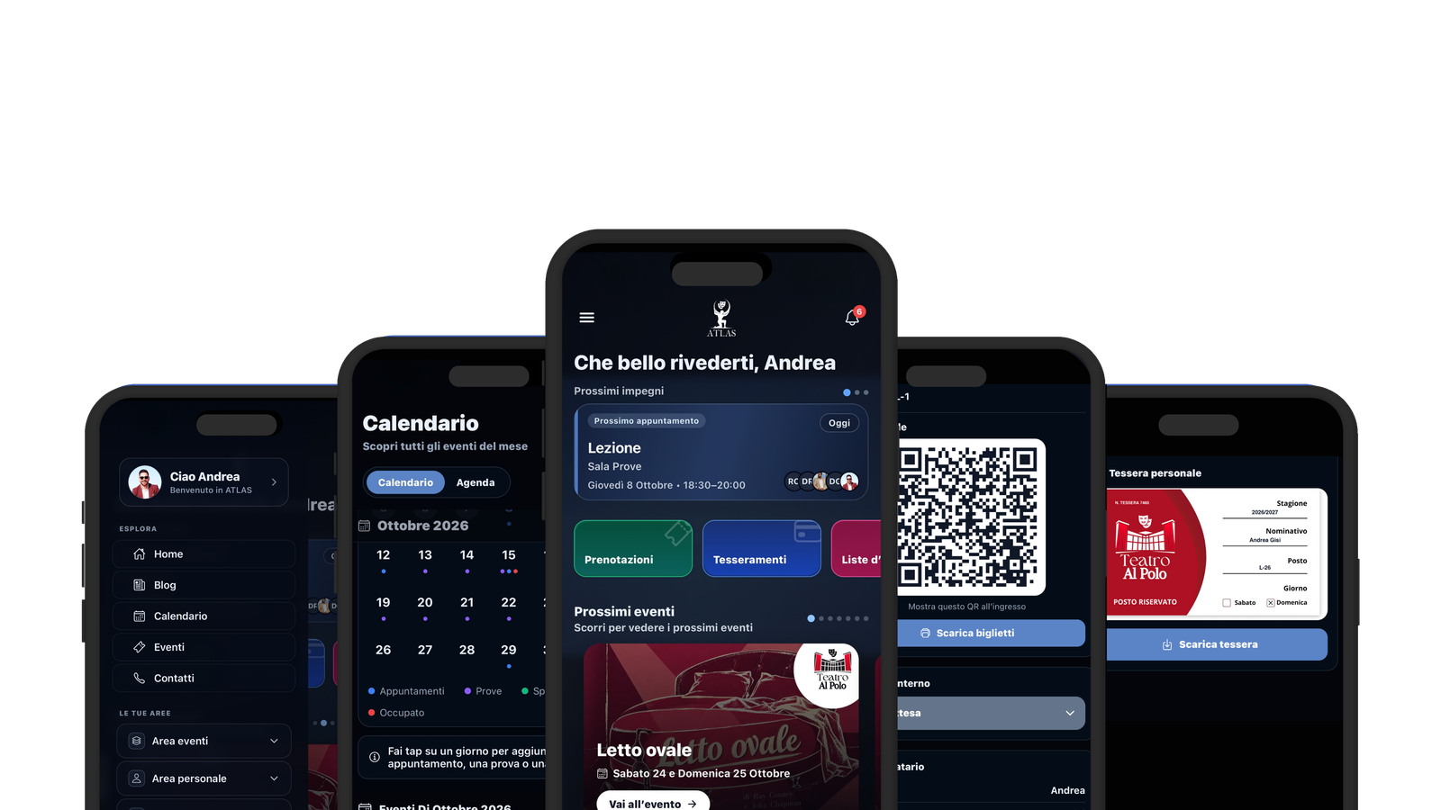 ATLAS APP: home, calendario, biglietti, tessera personale e menu