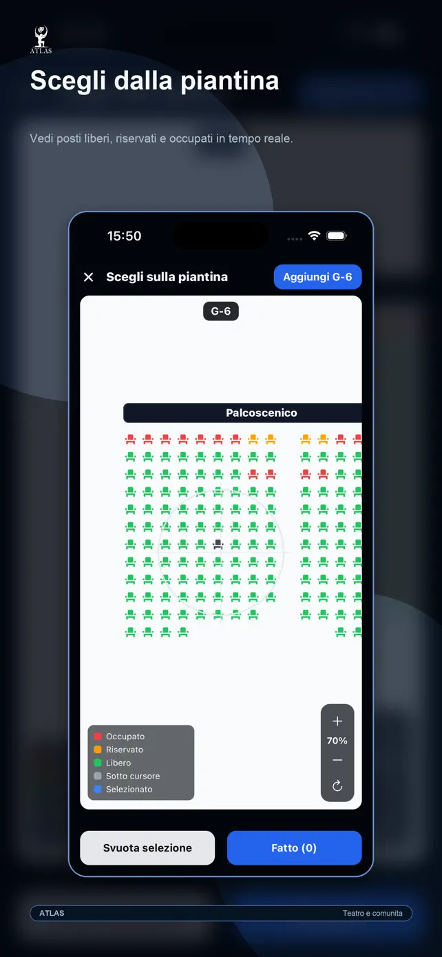 Anteprima della scelta dei posti sulla piantina teatrale in ATLAS APP