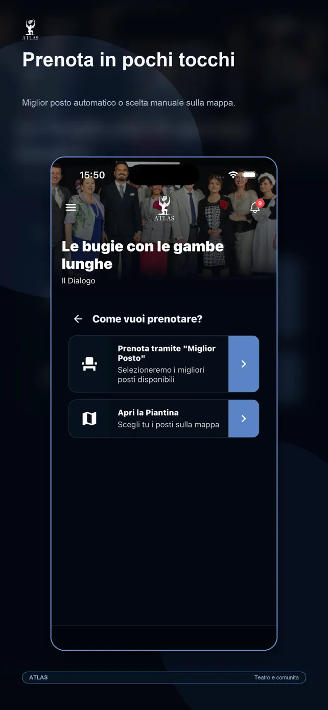 Anteprima della prenotazione guidata di uno spettacolo in ATLAS APP