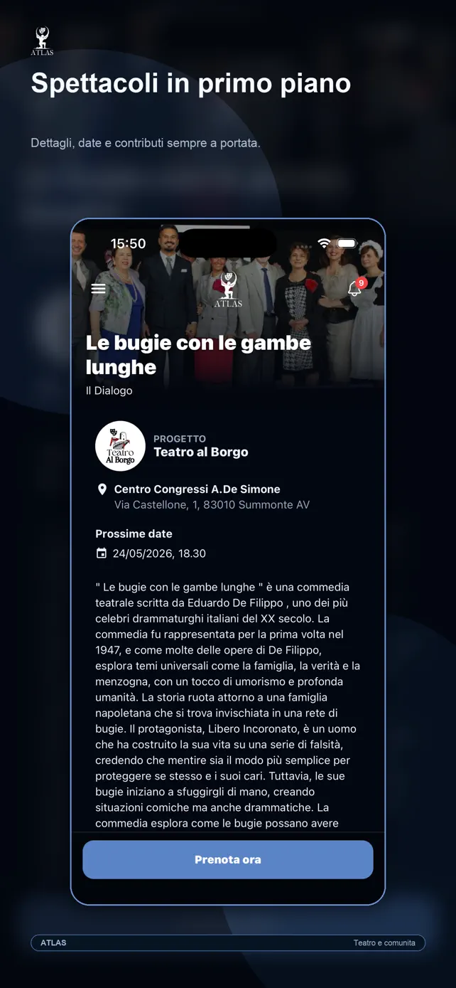 Anteprima del calendario degli spettacoli disponibili in ATLAS APP